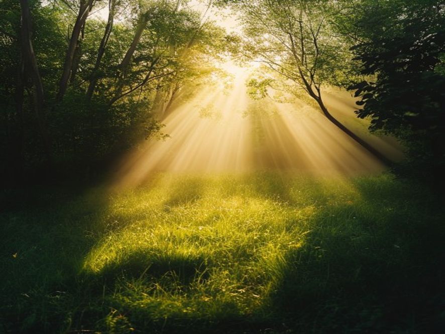 Auringon ensisäteet kuvaavat puiston lehtöä ja luontopolkua, keväää ja uudistumista ilmaan